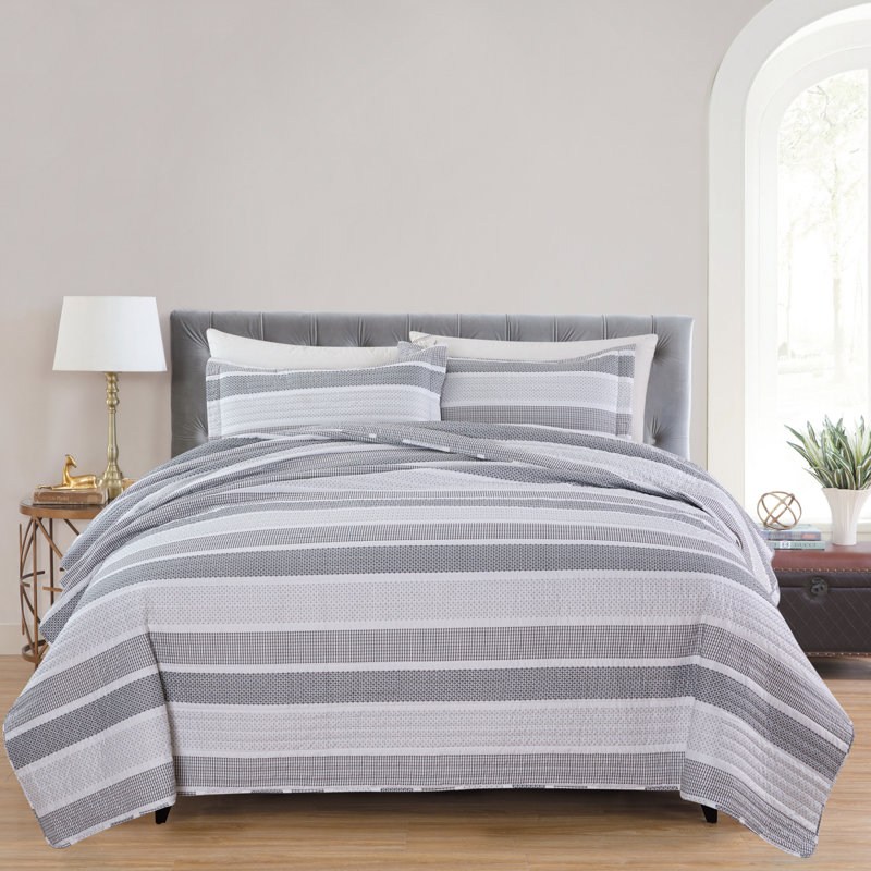 Polyester Striped Quilt, King/Cal. King Quilt + 2 Shams, Blue