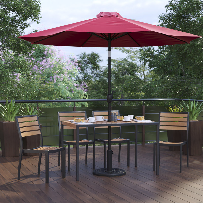 Agit Indoor/Outdoor Square Steel Framed Table with 4 Stackable Faux Teak Chairs, Red Umbrella, Yes