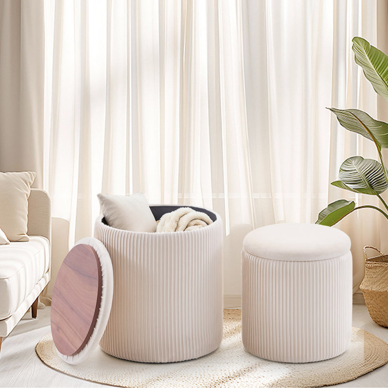 Upholstered Storage Ottoman Set Of 2, Beige