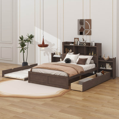Lit plateforme double avec tablettes coulissantes