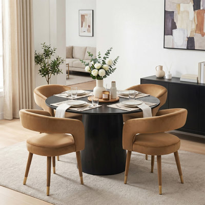Modern 46" Round Dining Set with 4 Chenille Upholstered Barrel Arm Chairs