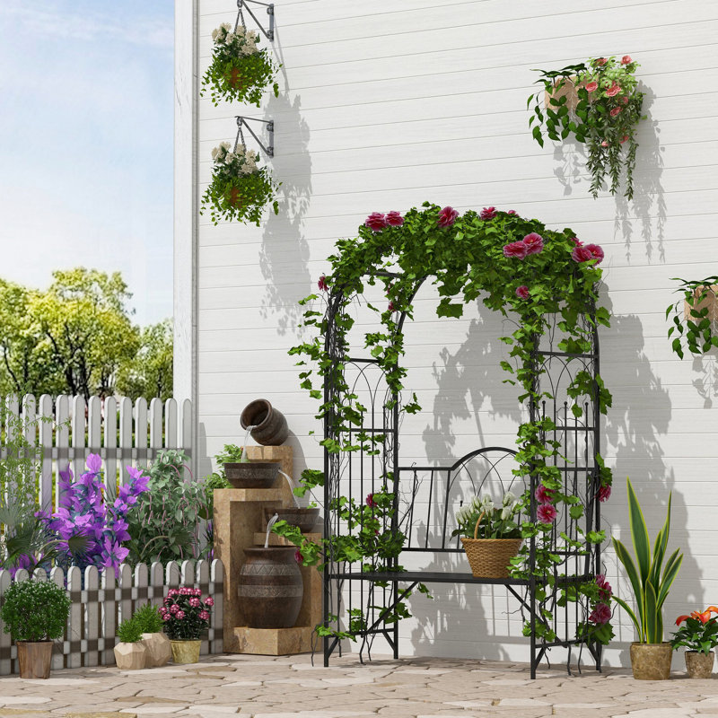 Black Metal Trellis Arch With Garden Bench - Perfect For Growing Vines, 484 Lbs. Capacity Heavy-Duty Yard Weight Capacity,