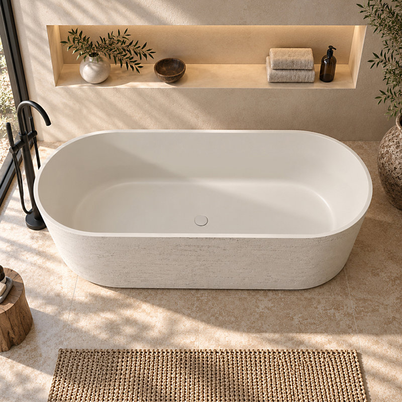 Baignoire d'extérieur autoportante Forma 66'' en pierre à surface solide, baignoire profonde avec trop-plein