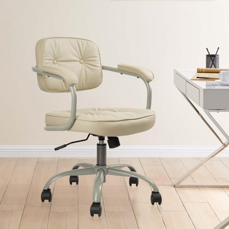 Leather Home Office Chair Comfortable Adaptive Backrest And Height Adjustable Swivel Desk Chair With Armrest Wheels Thickened Cushion Buttons Vanity Task Chairs, (Beige)