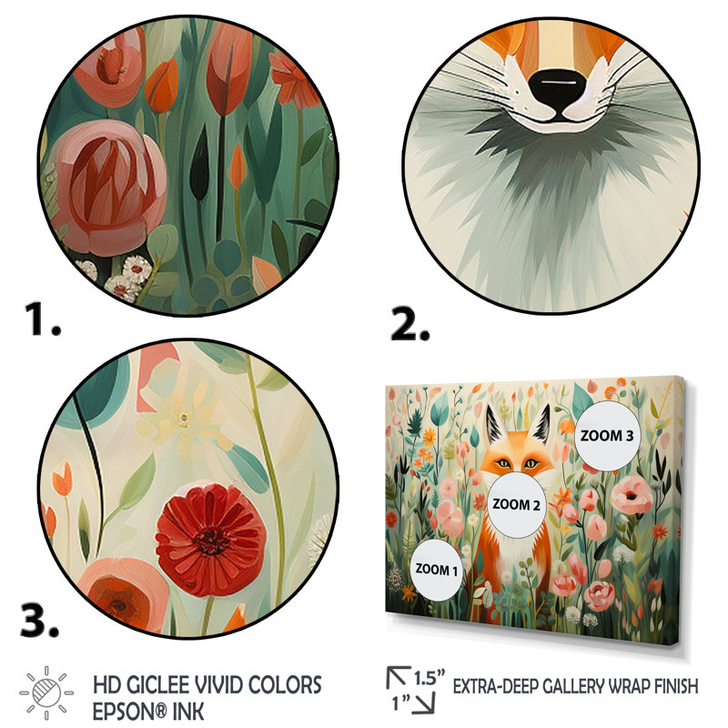 Art sur toile renard orange et rose de style IV - renard, Cadre flottant doré, H 24 po x l 32 po x P 1 po