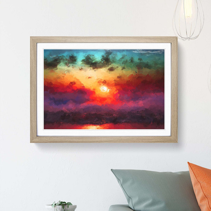 Rainbow Sunset over the Ocean in Abstract - Picture Frame Painting Print, Oak, 60cm H x 91cm W x 2cm D