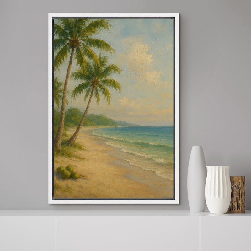 «Tropical Palm Beach Seaside Coastal Landscape», reproduction d'art sur toile encadrée, H 24 po x l 16 po x P 1,5 po