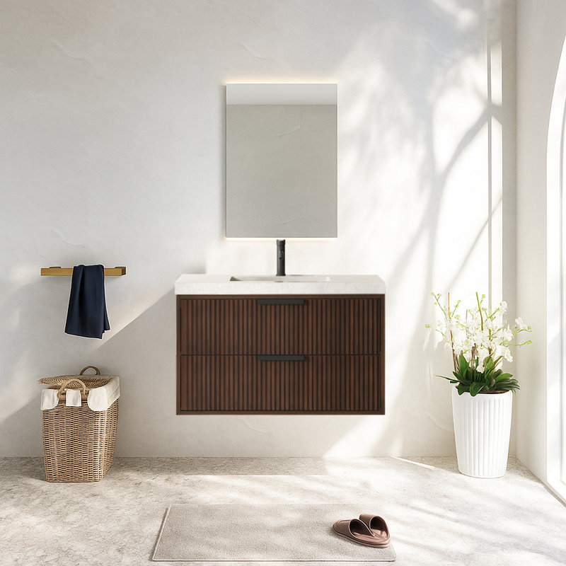 Maxbano 36" Floating Bathroom Vanity with Cement Single Sink, Black, Dark Walnut
