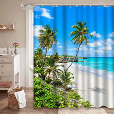 Paradise Beach Island Tropical Coast Palms Turquoise Sea Waterproof Shower Curtain with 12 Hooks