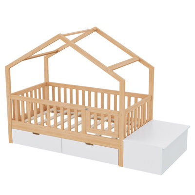 Lit pour tout-petits avec tiroirs de rangement et commode à plateau relevable, lit en bois massif avec barrières de sécurité et barrière, structure de lit de jeu pour enfants, compatible avec les matelas standard pour tout-petits américains
