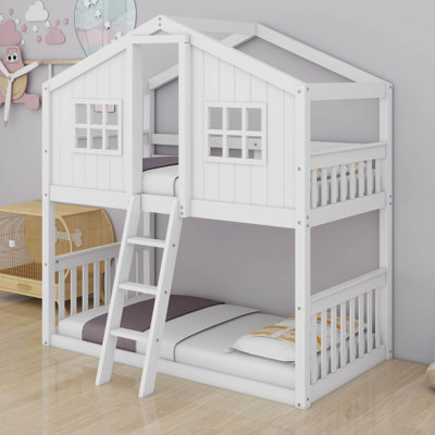 Lit superposé simple au-dessus de simple avec échelle et fenêtre, lit superposé en bois avec garde-corps pleine grandeur et échelle, support à lattes