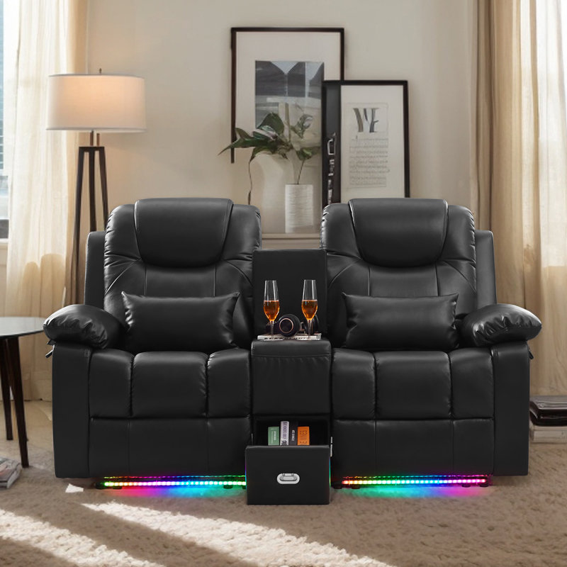 Power Reclining Loveseat Sofa Couch With Power Outlets & Colorful LED Lights For Living Room, Black