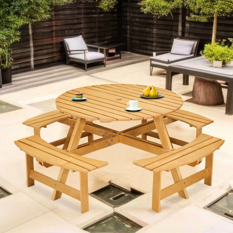 8 Person Picnic Table With 4 Built-In Benches. Umbrella Hole, Natural, For Backyard, Porch People - Benches Hole Weather- Wood For Backyard