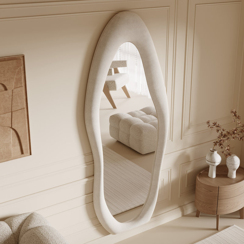 Amon Full Length 63" x 24" Mirror Velvet Wavy Floor Mirror, Cream