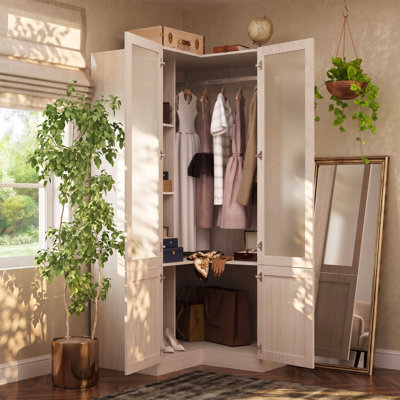 L-Shaped Corner Wardrobe Closet with 4 Doors, Hanging Rod and Shelves, Space-Saving Bedroom Storage Cabinet
