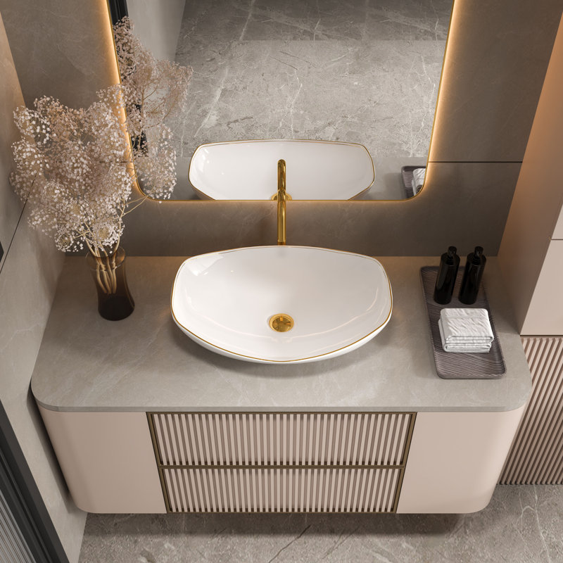 MEJE 22 inch LUXURY Gold Rim Above Counter Oval Vessel Bathroom Sink, Porcelain Ceramic Vessel Vanity Sink, Art Basin