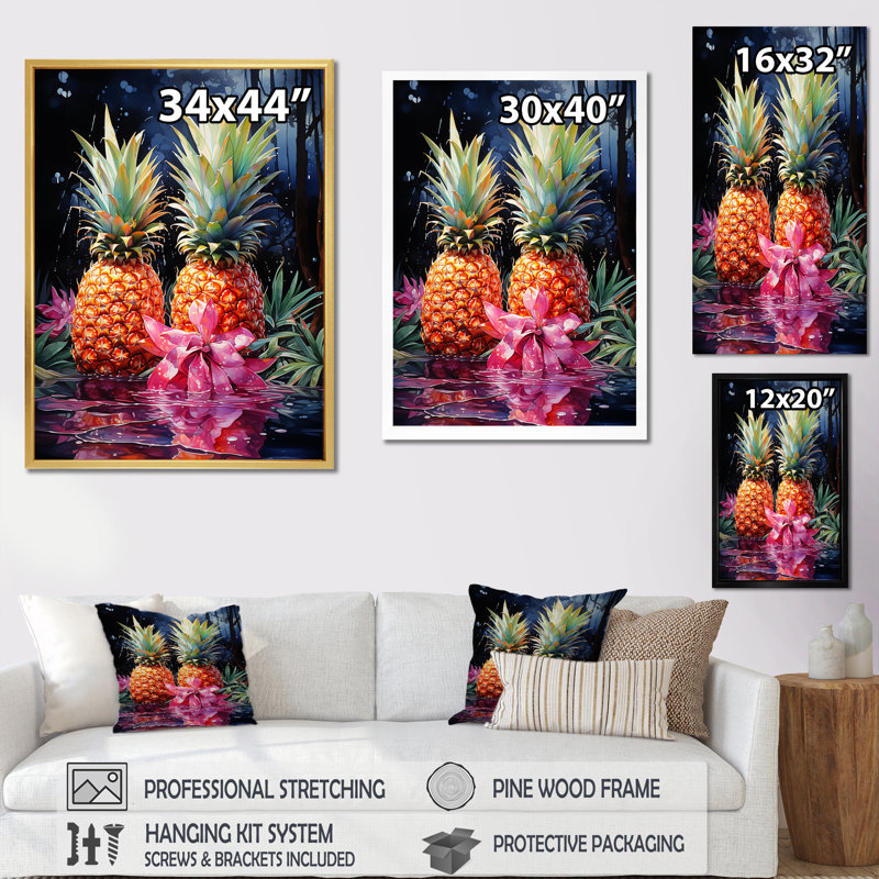 Nectar néon ananas sur toile, H 32 po x l 16 po x P 1 po, Cadre naturel flottant