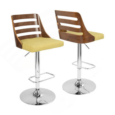 Trevi Mid-Century Modern Adjustable Barstool With Swivel In Walnut And Green By Lumisource