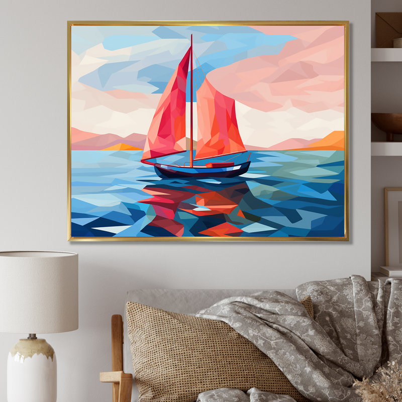 Coucher de soleil sur un bateau à voile IV - Bateau, art mural, Cadre flottant doré, H 30 po x l 40 po x P 1,5 po