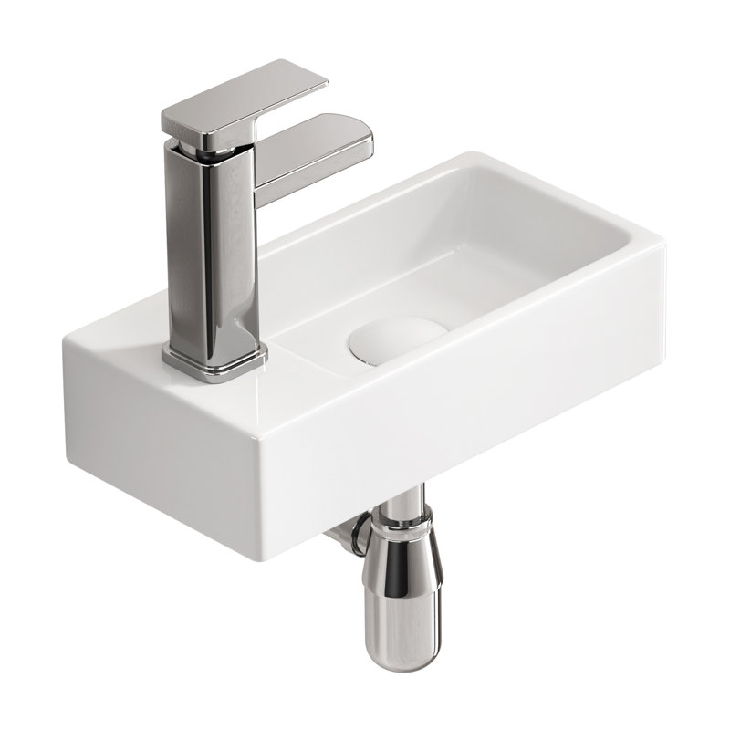 Lavabo de salle de bain mural rectangulaire en céramique blanc 14,57 "x 7,09" avec robinet et bonde Topcraft - Côté gauche