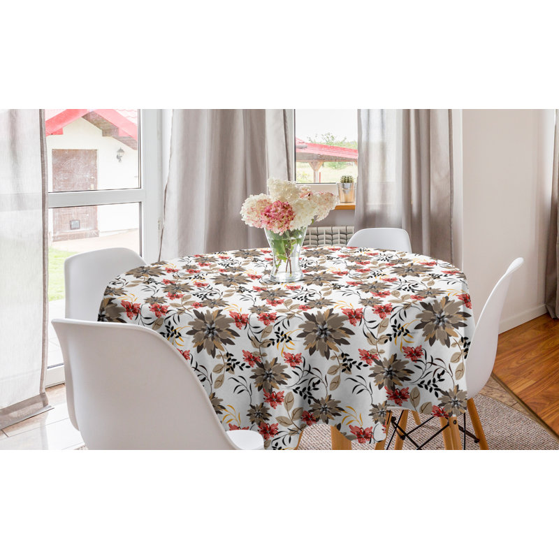 Ambesonne Floral Round Tablecloth, Beauty In The Nature Theme Nostalgic Blossoms And Leaves Garden Plants, Circle Table Cloth Cover For Dining Room Kitchen Decoration, 60", Brown Coral