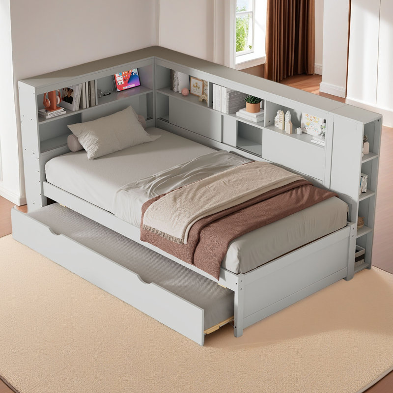 Twin Size Wood Daybed With Storage Shelves, USB And Trundle, White