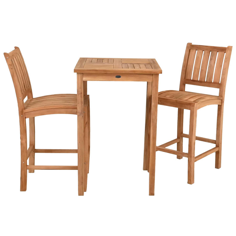Teak Wood Bar Set Including Square Bistro Bar Table And Abacho Barstools, 43" H x 27" L x 27" W, 2