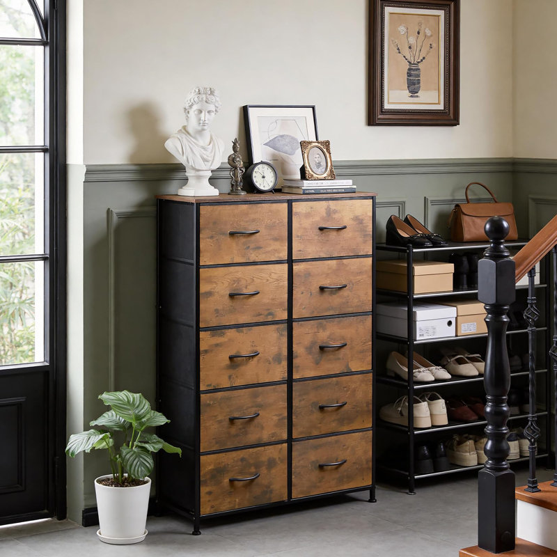 Commode 10 tiroirs, structure en métal 31,5 x 11,81 x 46,46 po, grande commode en tissu, commode industrielle grise pour le salon et la chambre à coucher
