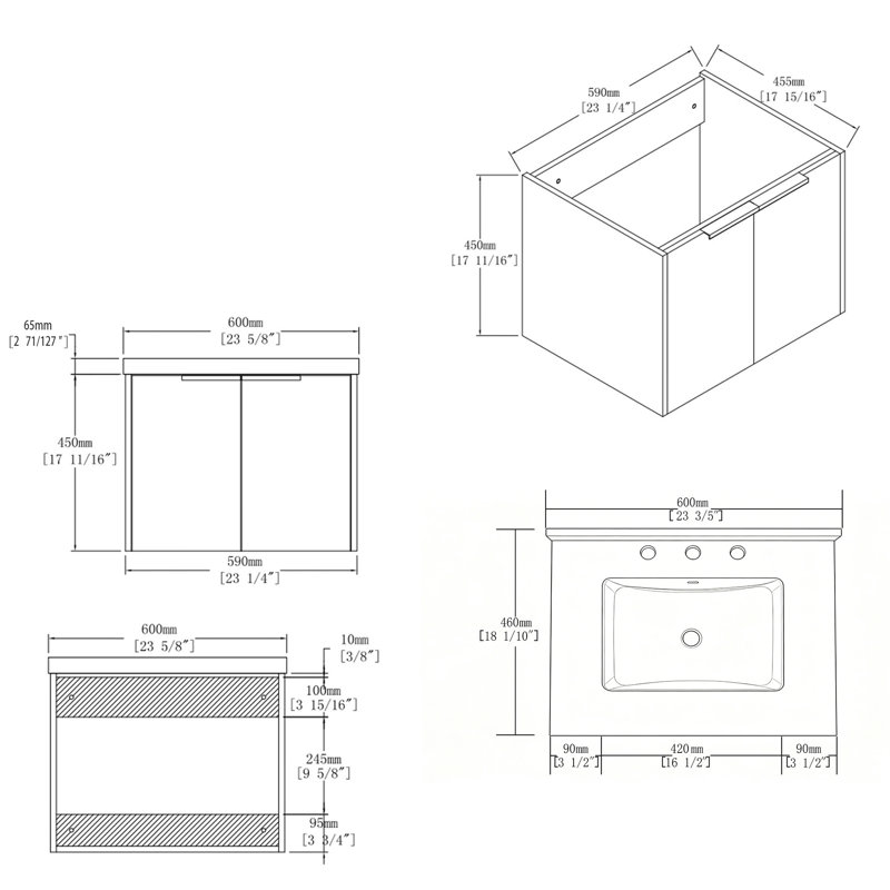 Meuble-lavabo flottant 24 po avec lavabo, porte à fermeture douce, comptoir en granite blanc 0,6 po et dosseret