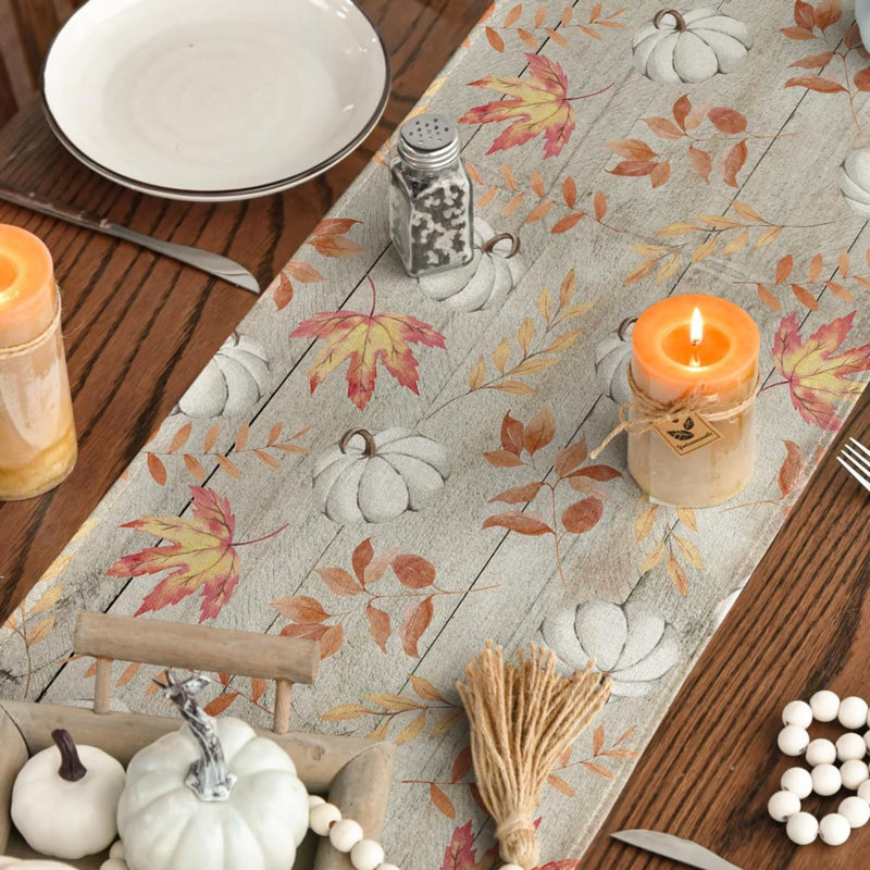 Pumpkins Maple Leaves Beige Wood Fall Table Runner, Seasonal Autumn Kitchen Dining Table Decoration For Home Party Decor 13X48 Inch