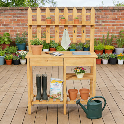 Wooden Potting Bench With Sink,garden Planting Table With Drawer And Storage Shelf, Yellow