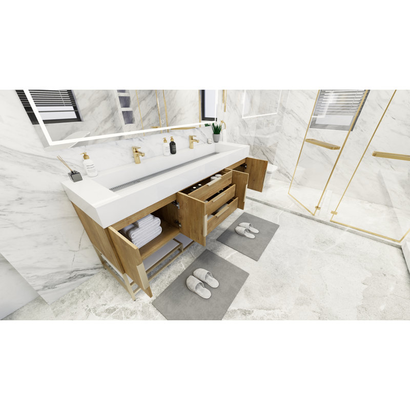 Ensemble de meuble-lavabo double 72 po Glasgow, Blanc lustré, Chêne