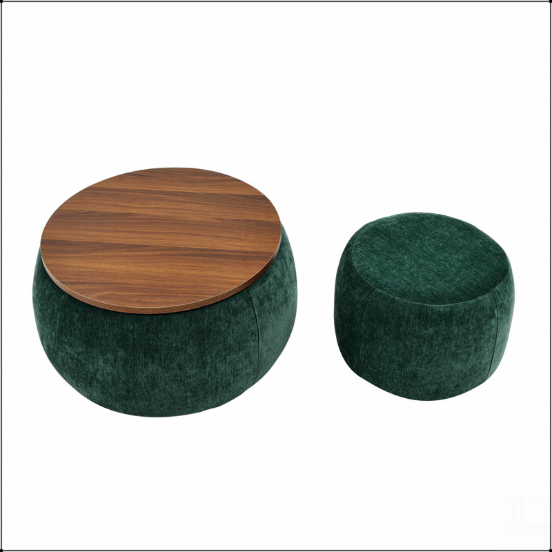 Round Storage Ottoman, 2 in 1 Function, Work as End table and Ottoman,with small seat,(25"x25"x14.7"), Green