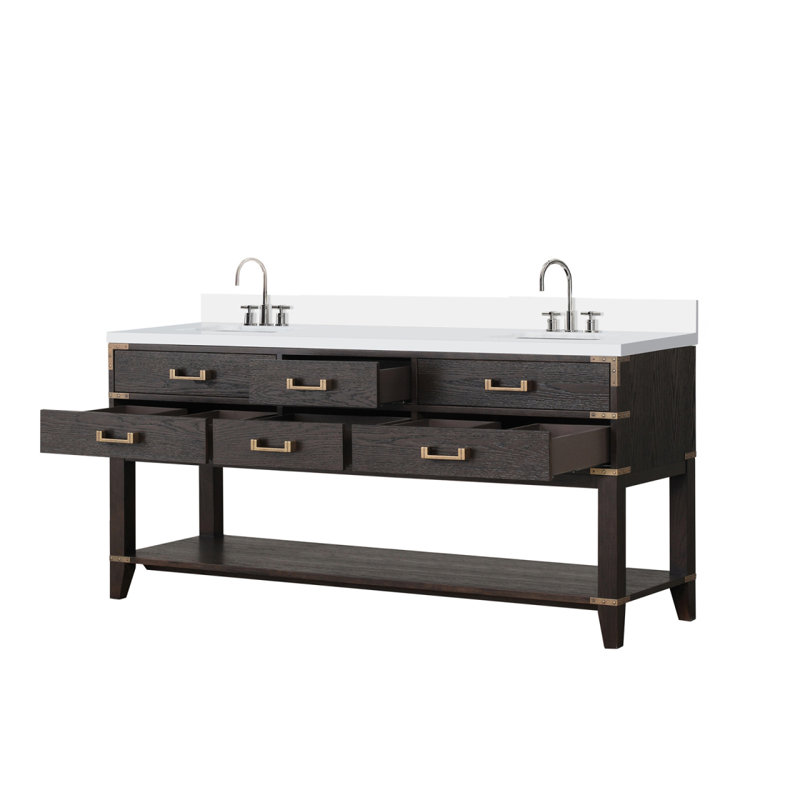 Meuble-lavabo double en chêne brun 72 po X P 22 po D, plateau en marbre de culture et robinet, Brown Oak/White/Gold, 72"