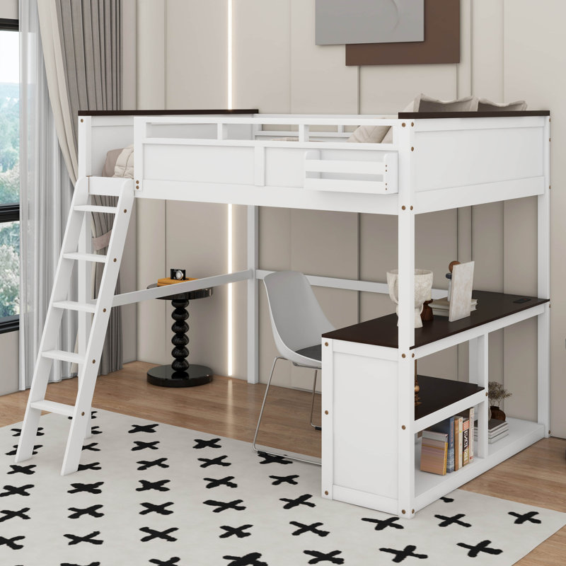 Grand lit mezzanine avec bureau, tablette et port USB