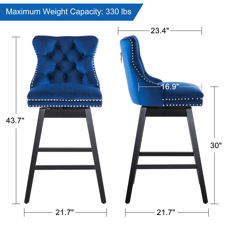 Bar Height Swivel Bar Stools with Back, Upholstered Tall Bar Chairs, Solid Wood Frame with Nailhead Trim, Set of 4, Blue