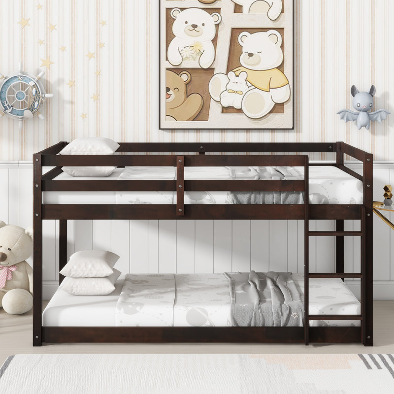 Hedra Twin Over Twin Bunk Bed With Ladder And Storage, Solid Rubber Wood Construction, Espresso