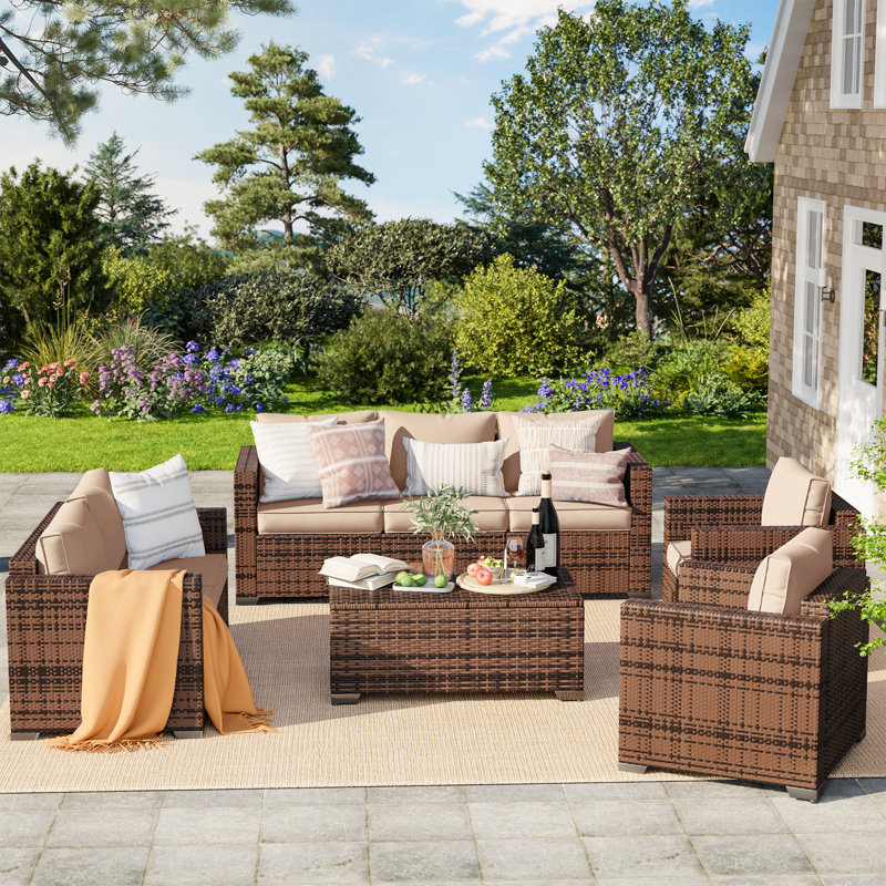 Azoriah 7 -  Person Oversized Armrest Outdoor Sectional Furniture Rattan Sets w/Storage Table, Khaki