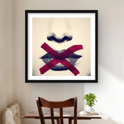 Grayscale Lips with Red X - Beige Framed Matted Print