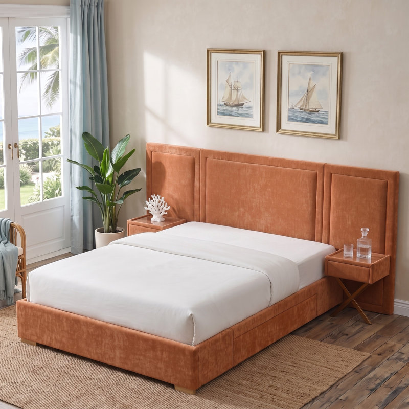 Modern Wide-Panel Upholstered Bed, Queen, Orange Velvet, Queen, Orange