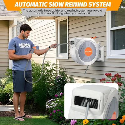 Retractable Garden Hose 5/8" x 100ft. Wall Mounted with Automatic Rewind. 9-Pattern Sprayer Nozzle. Adjustable Length Lock. Durable Outdoor Use