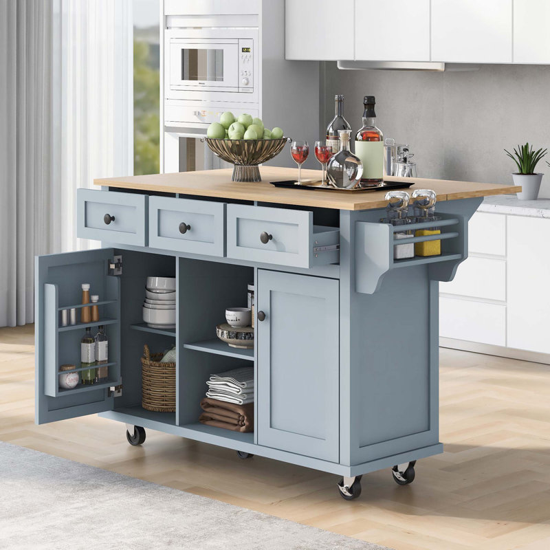 Kitchen Cart with Rubber wood Drop-Leaf Countertop ,Cabinet door internal storage racks,Kitchen Island on 5 Wheels with Storage Cabinet and 3 Drawers for Dinning Room