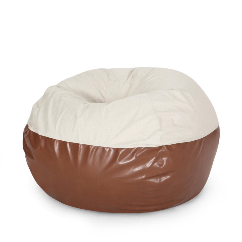 Two colour Faux Leather Rounded Bean Bag, 42" H x 52" W x 52" D, Brown/Beige Faux Leather
