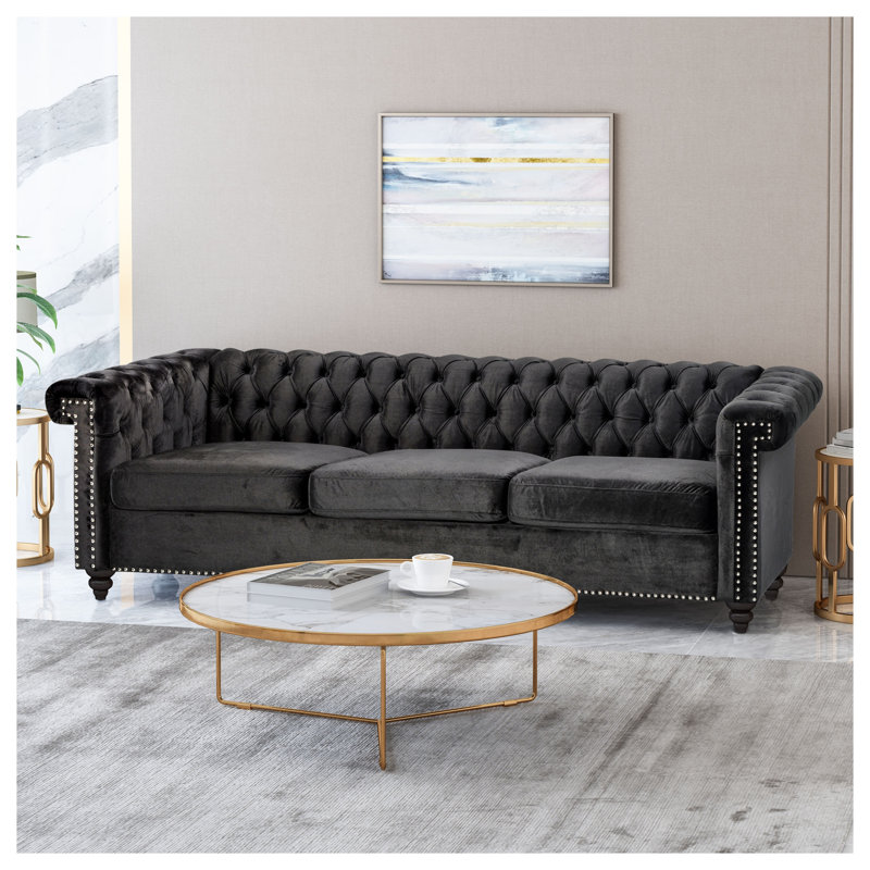 Canapé Chesterfield 3 places en velours noir avec accoudoirs roulés