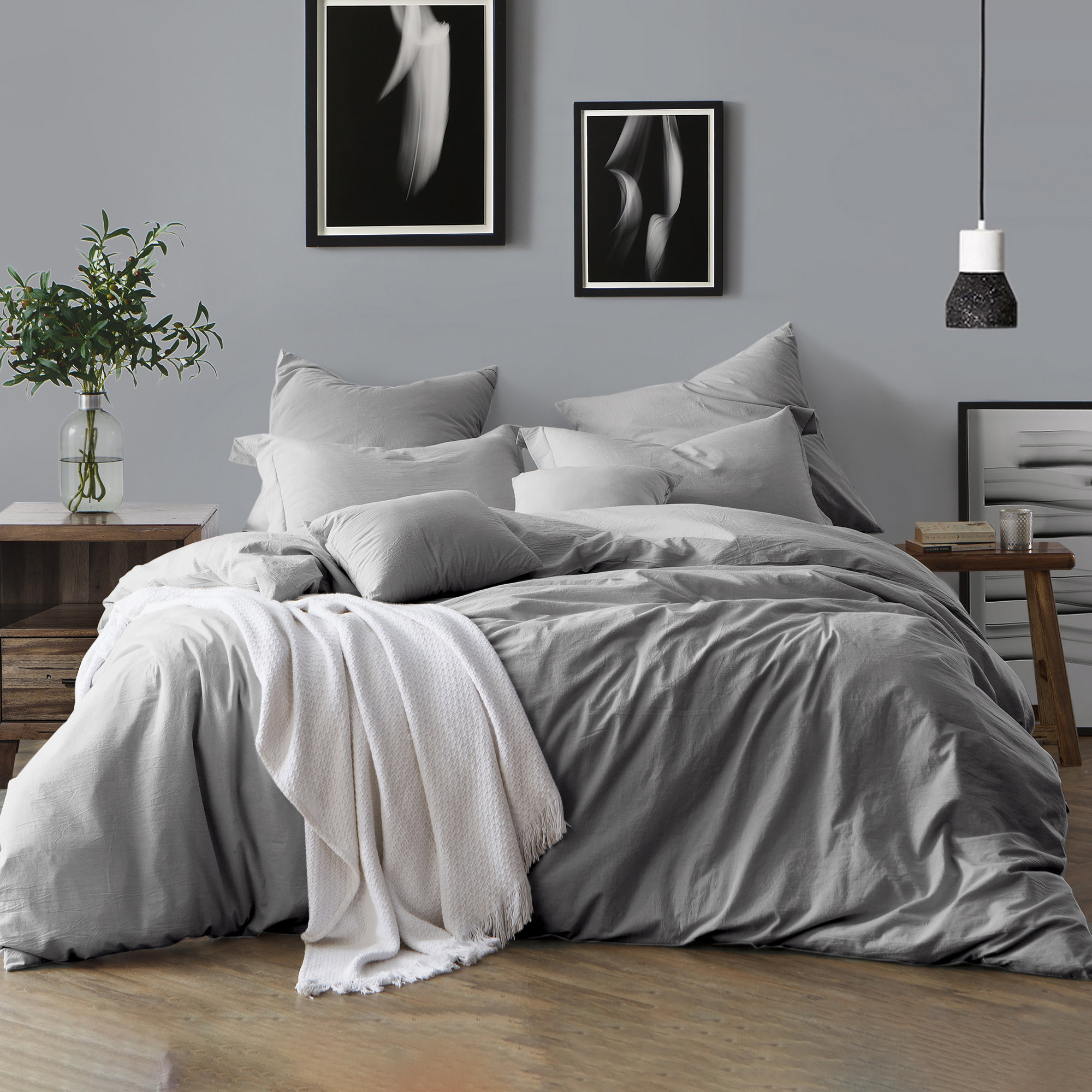 100% Cotton Crinkle Washed Duvet Cover Set, Ash Gray, King/Cal. King Duvet Cover + 2 Shams