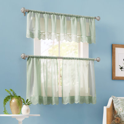 DRAPER JAMES Bonnet Eyelet Lace Sheer 3-Piece Valance & Tiers Café Curtain Set with Rod Pocket Top