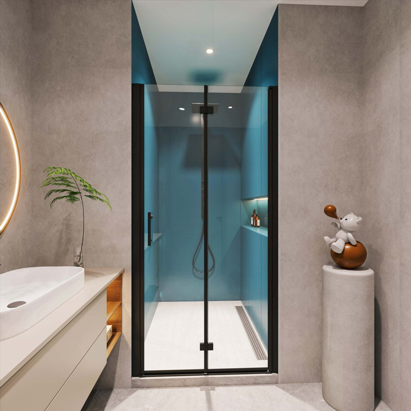 Universal Pivot Shower Door,Open Outside,With 1/4" Tempered Glass, Black