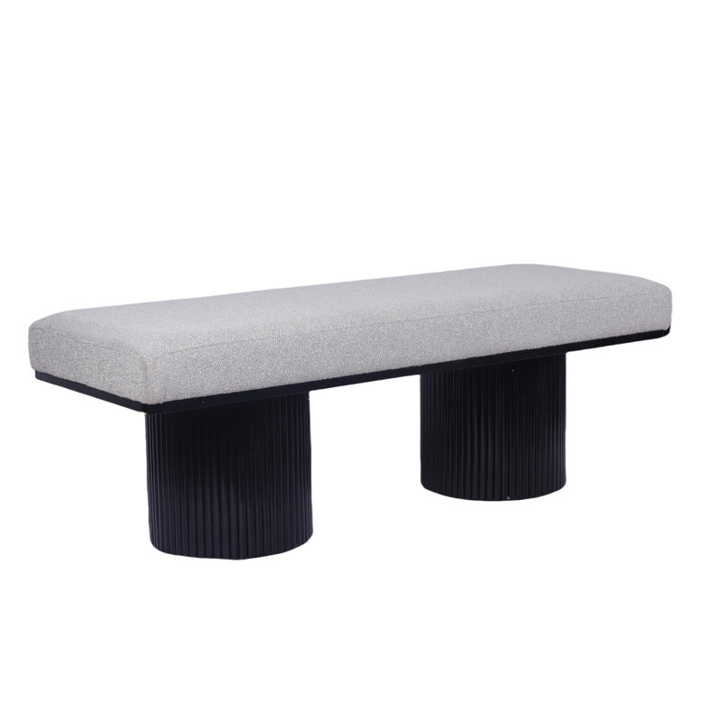 Contemporary Upholstered Bench With Grey Boucle And Black Legs - Bedroom Furniture Chunky Upholstery Living Room, Light Gray