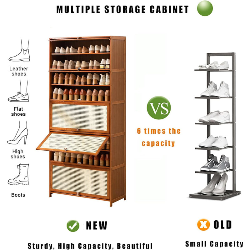 Bamboo Shoe Rack With Rattan Door 9 Rows 32 Inch Brown Color