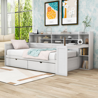 Wood 2 Drawers Daybed with Built-in Desk and Storage Shelves
